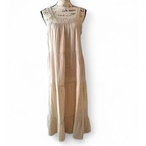 Tan Smocked Maxi‎ Sundress with Cap Sleeves